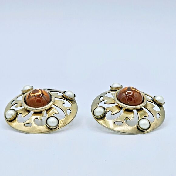 Vintage Scandinavian Earrings 10K GP Scroll Viking Lucite Pearl Estate Jewelry - Picture 5 of 9